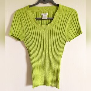 Worthington Silk blend Lime Green Ribbed Knit Short Sleeve Top shirt Women Large